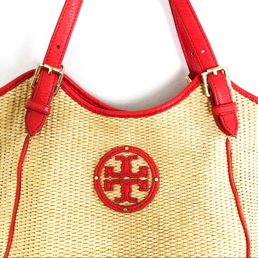 {TORY BURCH} Woven Straw Orange Leather Tote - Picture 3 of 5